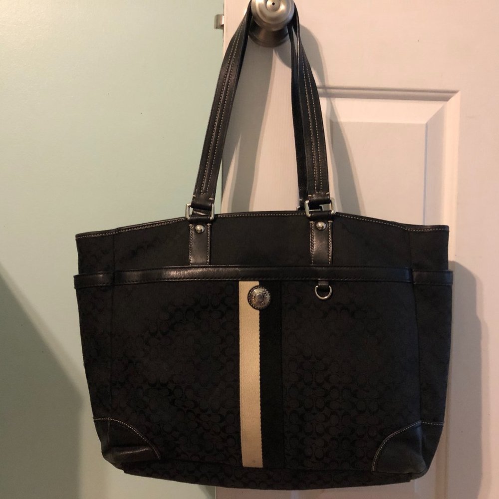 COACH XL Voyager Stripe- Black & Indigo Blue Jacquard & Leather Bag/Tote